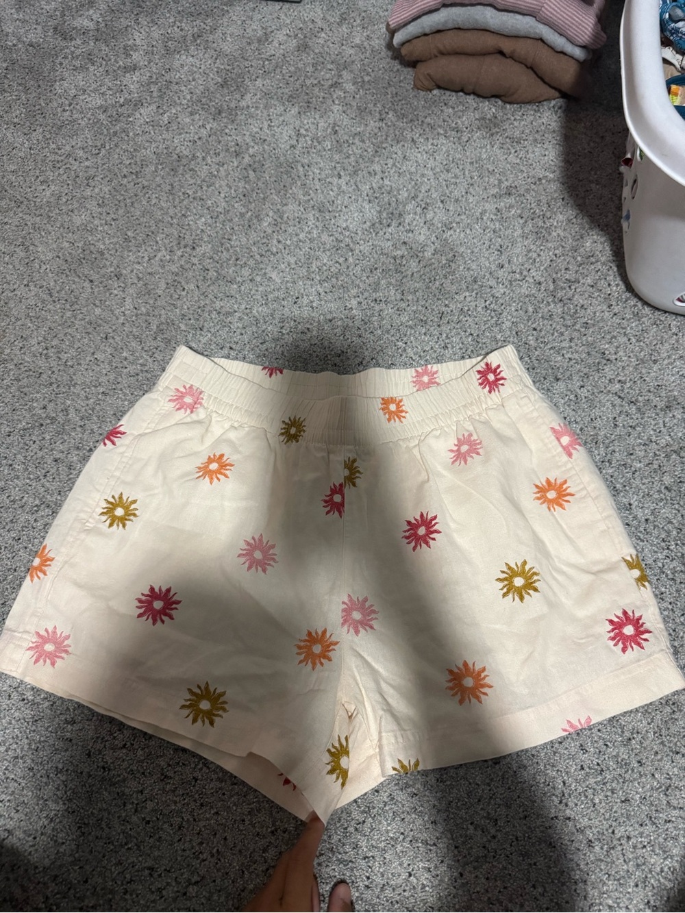 Old Navy Cream High-Waist Shorts with Pink, Orange & Gold Sunburst Print